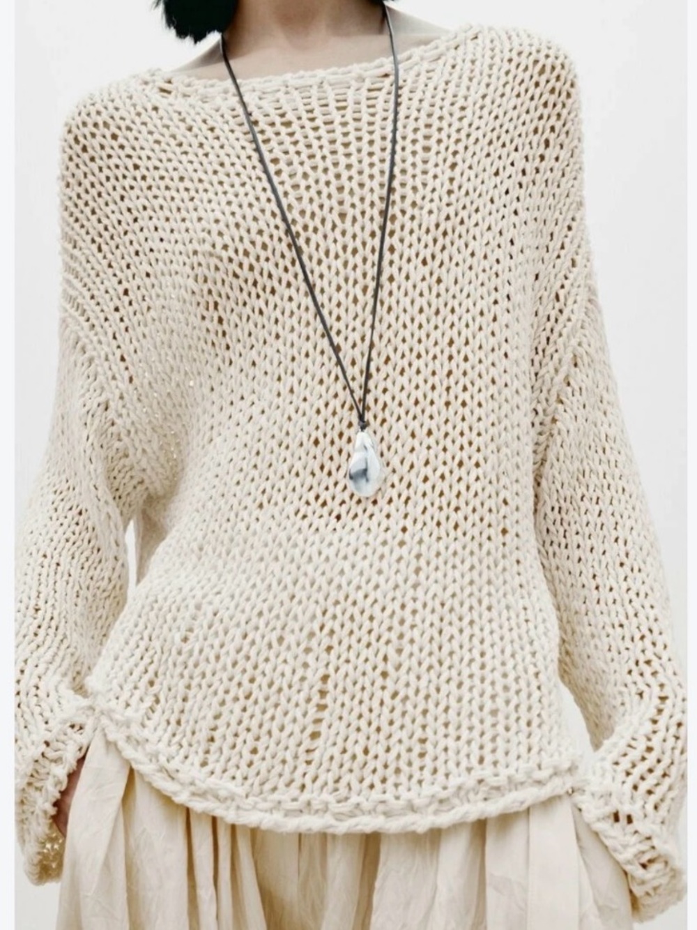 Massimo Dutti Open Knit Sweater Beige Boho Boat Neck Loose Fit Fisherman Large